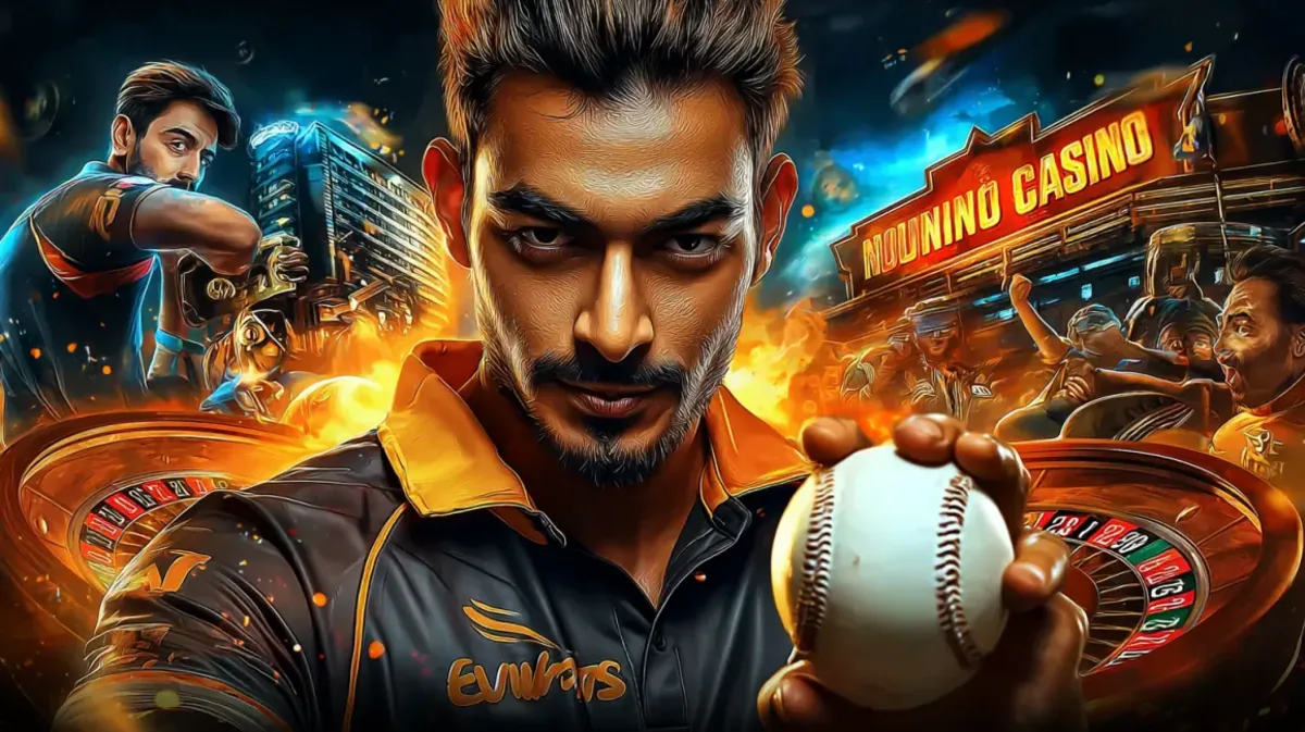 একটি তীব্র ক্রিকেট খেলোয়াড় একটি क्रिकेट বল ধরে, একটি জটিল মিলিত ছবিতে যেখানে ক্রীড়া স্টেডিয়াম ও good11 গেমিং প্ল্যাটফর্মের প্রাণবন্ত নিয়ন আলোয় উজ্জ্বল পরিবেশ একত্রিত হয়েছে।