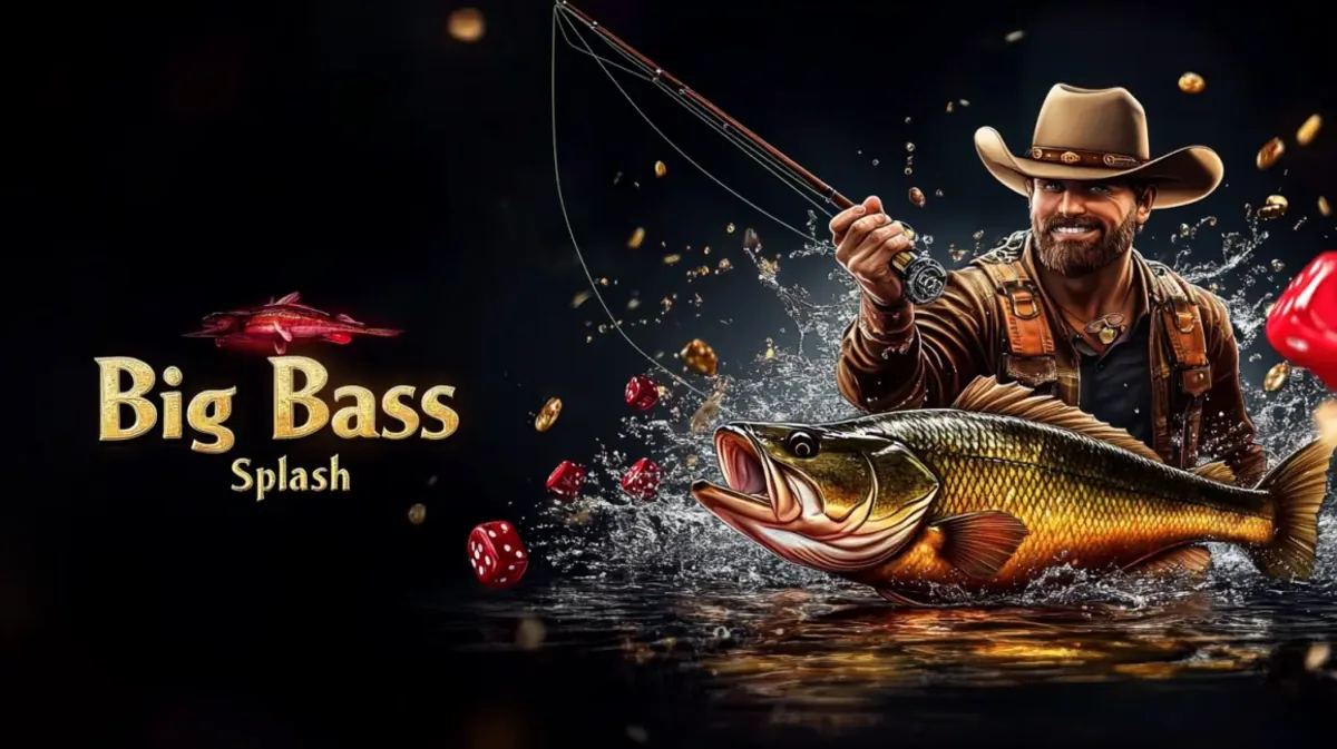 good11-এ Big Bass Splash নামে মাছধরা-থিমা গেমটির প্রচারণায় কাউবয় হ্যাট পরা একজন সুখী জেলে বড় Bass মাছ টেনে ধরেন।