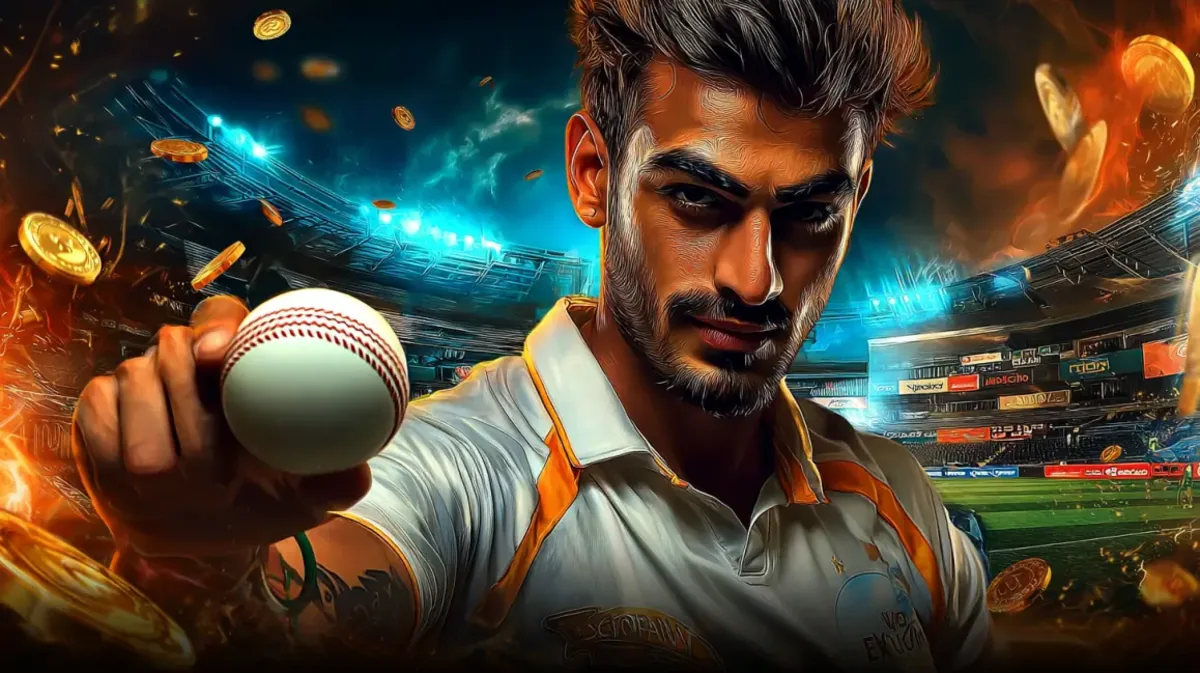 good11-এ একটি মনোযোগী ও তীক্ষ্ণদৃষ্টির পুরুষ ক্রিকেট খেলোয়াড় ভীড়ভরা স্টেডিয়ামে একটি ক্রিকেট বল উঁচিয়ে ধরেন, যা ক্রিকেট-গেমিংয়ের উত্তেজনাপূর্ণ বিশ্বের প্রচার করে। সোনালি কয়েন ও আগুনের প্রভাব নাটকীয়তা যোগ করে।